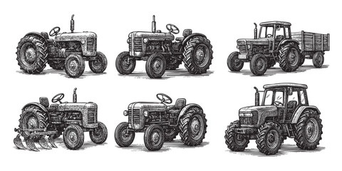farm tractor set woodcut engraving vector illustration