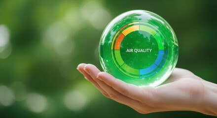 Hand Holding Green Crystal Globe Showing Air Quality Index Chart