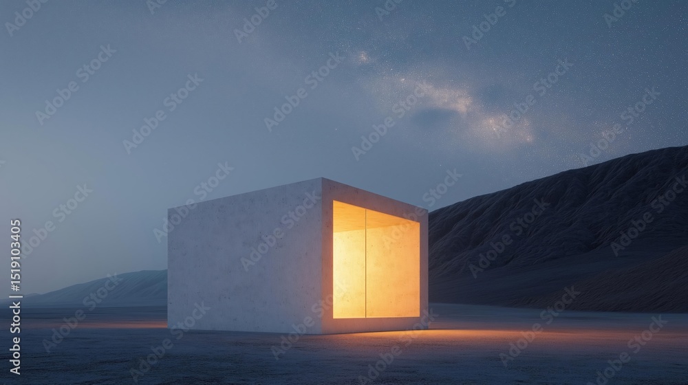 Poster small white cube-shaped structure in the middle of a desert-like landscape. the cube is lit up with 