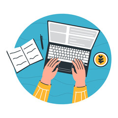 Person Working On Laptop With Coffee And Notebook