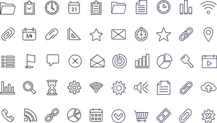 Modern Line Icon Set – 64 Minimalist Black Symbols in 8x8 Grid on White Background
