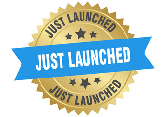 just launched. just launched round blue and gold label isolated on transparent background