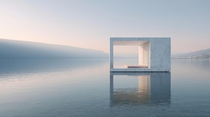 Small white cube floating on the surface of a calm lake. the cube is made of concrete and has a rectangular shape with a small window on the right side.
