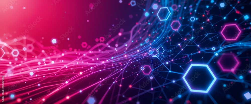 Poster abstract digital technology background with hexagonal network connections in neon lights