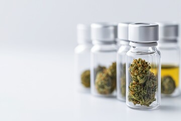 Cannabis and hemp innovation concept. Bottles containing cannabis and oil on a neutral background.
