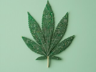 Cannabis and hemp innovation concept. Circuit board leaf design on a green background, blending nature and technology.