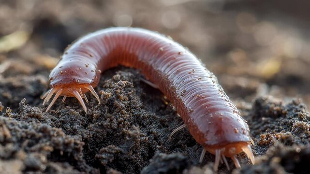Unique macro photograph of a Velvet Worm crawling through the fertile soil