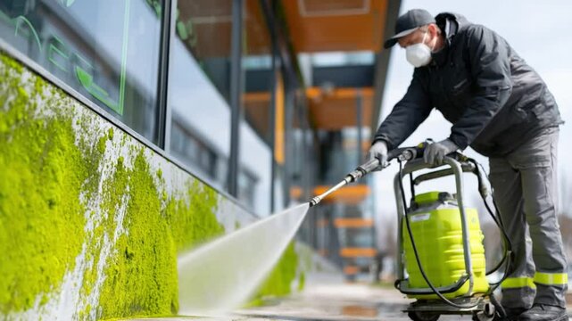 High-Pressure Cleaning: An individual in protective gear uses a high-pressure washer to remove algae and moss from a building, highlighting the power of cleanliness and the value of maintenance.