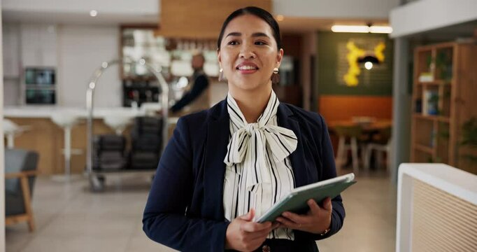 Hospitality, tablet and walking with hotel concierge in lobby for accommodation, planning or reservation. App, booking and smile with happy Asian woman at work in reception for resort management