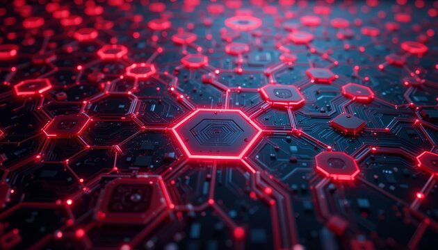 Futuristic digital hexagonal network glowing with red neon lights on a dark high tech circuit board