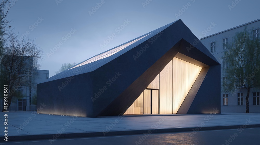 Poster modern building with a triangular shape. the building is made of dark grey concrete and has a slopin