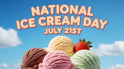 Colorful ice cream scoops celebrating national ice cream day with a summer sky background