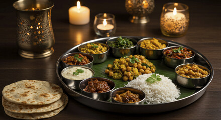Ayurvedic Thali Meal with Curries, Rice, and Flatbreads on Banana Leaf