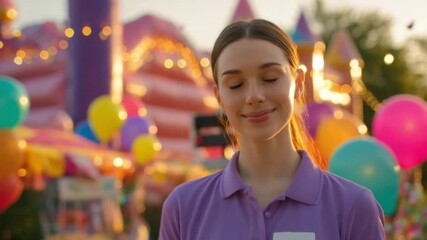 Joyful Amusement Attendant : A smiling amusement attendant stands with eyes closed and serene on a carnival-like background, the essence of happiness. 