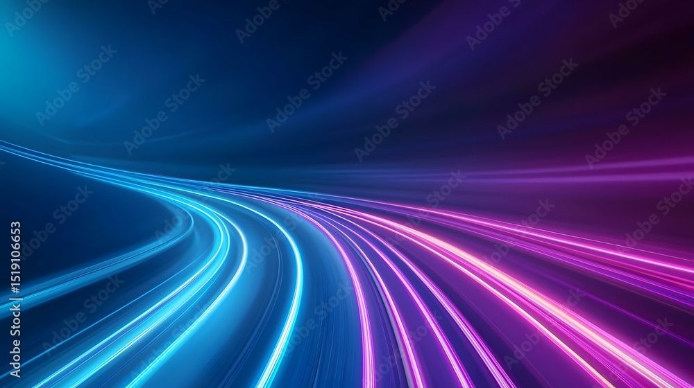 Poster the image shows abstract streaks of bright blue and purple light curving and converging towards a va