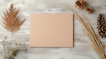 Minimal moodboard with kraft envelope, dried plants, and pine cones