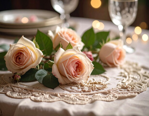 Rose on Embroidered Tablecloth – Elegant Floral Still Life