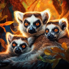 Obraz premium Lemur Gathering amidst the Lush Tropical Greenery of Madagascars Enchanted Forest, Portraying the Peaceful Coexistence of Primates and their Vibrant Habitat.