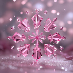 Pink Crystal Snowflake on Glittering Background Winter Holiday Design