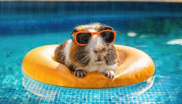 Playful Guinea Pig Stylishly Lounging on a Pool Float, Basking in the Sunny Poolside Mood, Wearing Sunglasses in a Vibrant and Whimsical Scene.