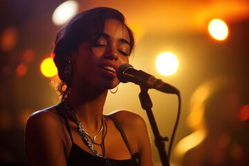 Woman with closed eyes sings passionately into microphone on a stage. Showcasing musical talent, performance arts, or nightlife concepts.