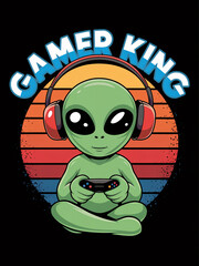 Cute Alien Gamer King Playing Video Games with Headphones Retro Sunset
