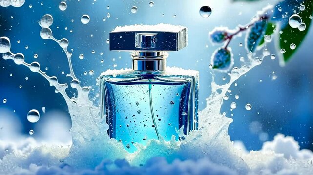 Frosty perfume splash, chilled fragrance, winter scent. Aromatic freshness. Ice enhances perfume diffusion. Cold temperatures stabilize scent particles. Winter air carries aromatic essence.