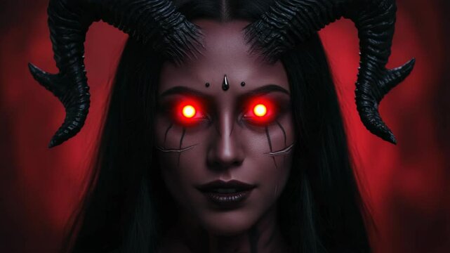 Female demon with glowing red eyes and horns