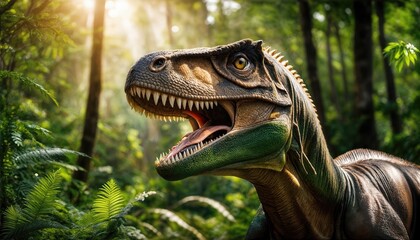 Obraz premium Vibrant Jurassic Forest Twilight Playful Dinosaur Amidst the Glow of Prehistory, Capturing the Majesty and Mystery of a Bygone Era.