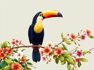 Fototapeta premium Colorful Toucan on Flowering Branch - Nature Illustration