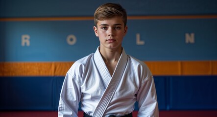 teen Caucasian guy in karate dojo background sports concept uniform portrait model photoshoot