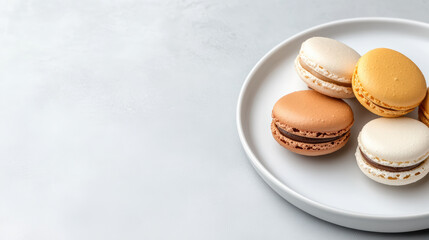 Obraz premium Colorful macarons on white plate create delightful and minimalist food styling