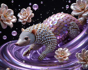 Diamond Encrusted Pangolin in Purple Liquid with Pearl Flowers