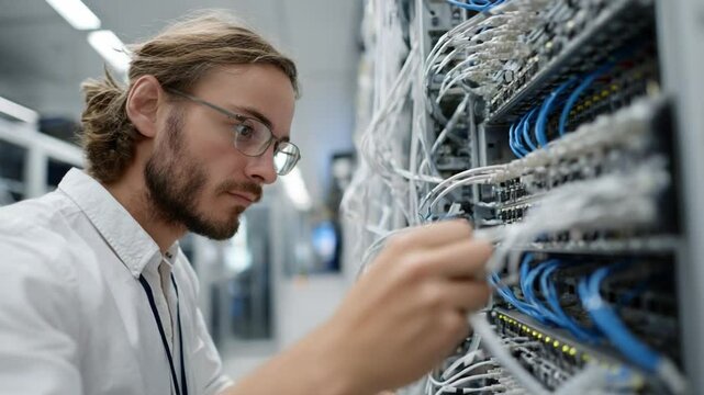 Data Engineer in Server Room: A focused data engineer meticulously examines a network server rack.