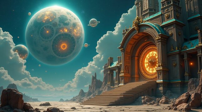 Ethereal Celestial Clocktower A Fantasy Landscape of Alien Moons and Ancient Architecture
