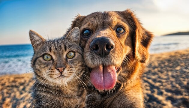 A Playful Duo Striking a Selfie on the Picturesque Beach A Joyous Moment between Mans Best Friends, Bathed in Soft Sunlight and Surrounded by Coastal Splendor. For brevity Playful Coastal Selfie