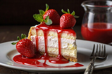 Delicious Strawberry Cheesecake Slice with Fresh Strawberries and Sauce