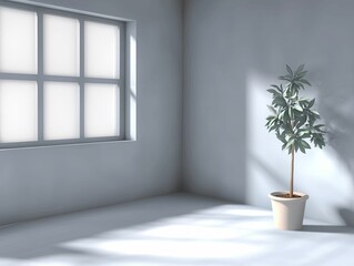 A potted plant basks in soft sunlight filtering through a large window in a minimalist room