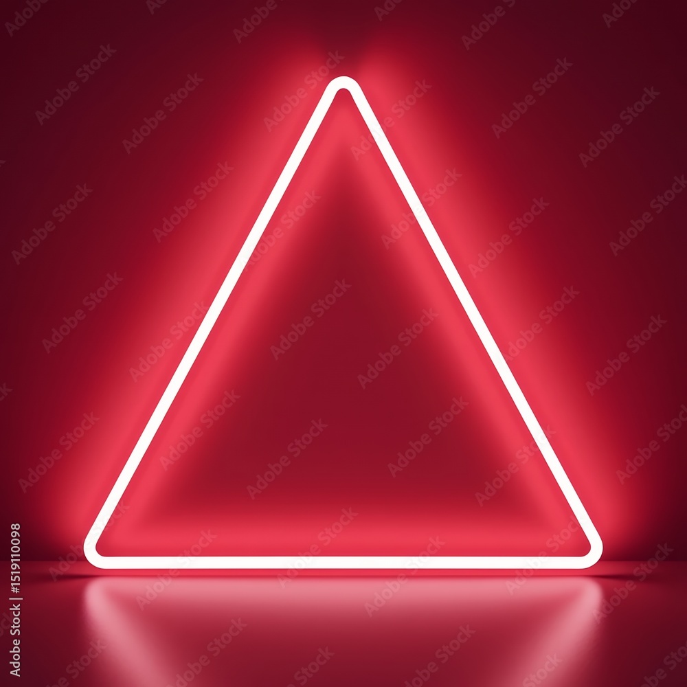 Poster glowing neon triangle symbol with vibrant red background and modern abstract design
