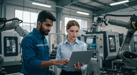 Two engineers collaborating on a laptop in a factory with robotic arms and machinery visible behind them