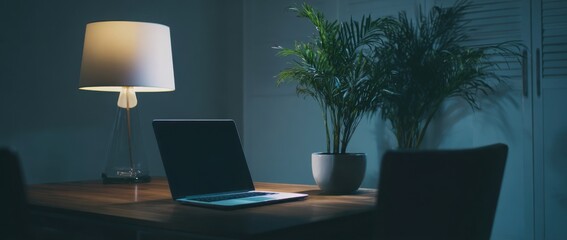 A laptop sits on a desk in a modern home office. A lamp and a plant are nearby in the dimly lit room.