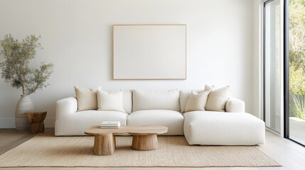 Minimalist living room with linen sofa, neutral tones, and natural decor. serene space