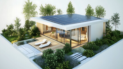 small smart house 3D floor map with solar roof and garden