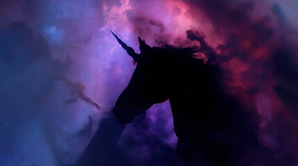 Naklejka premium A silhouette of a unicorn in a nebula galaxy cloud. Concept illustration 