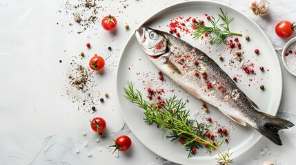 Fresh sea bass fish cooked and kept on a white plate and decorated with lemon and a big space for text or product, Generative AI.