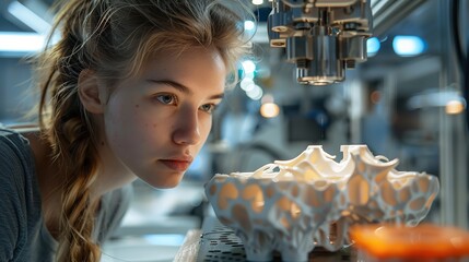 Portrait of a young woman checking 3D printer output with a blurry backdrop and space for text, Generative AI.