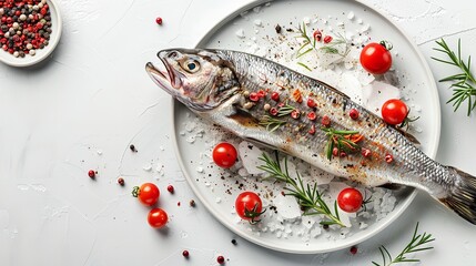 Fresh sea bass fish cooked and kept on a white plate and decorated with lemon and a big space for text or product, Generative AI.