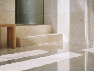 Sunlight gently streams through illuminating the serene minimalist stone interior