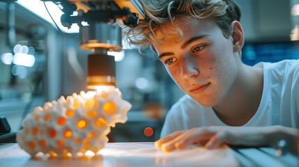 Portrait of a young male checking 3D printer output with blurry backdrop and space for text or product, Generative AI.