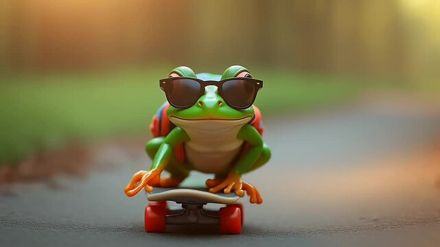 Cool Frog Skateboarding With Sunglasses on a Sunny Day Outdoors seamless motion video